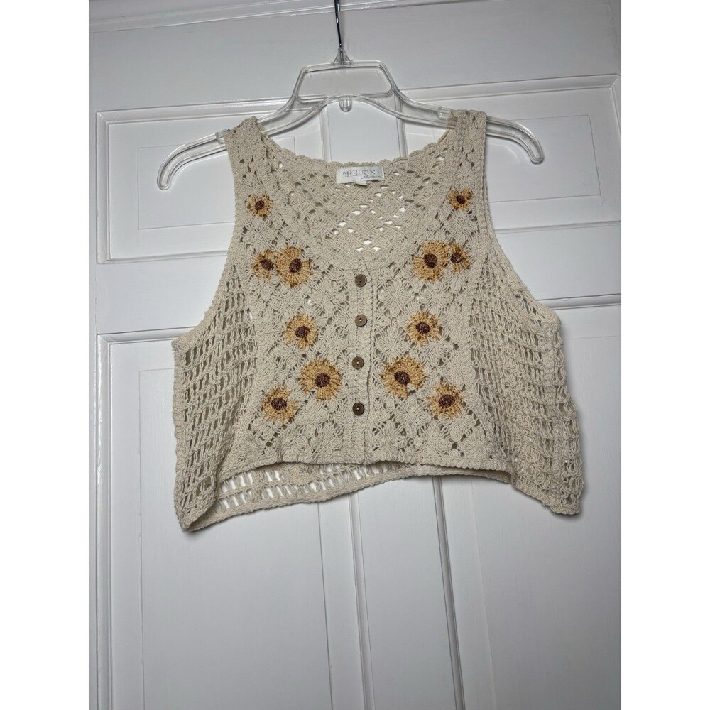 REBELLION again Women's Small Crochet Vest Beige Sunflower Button Front Boho